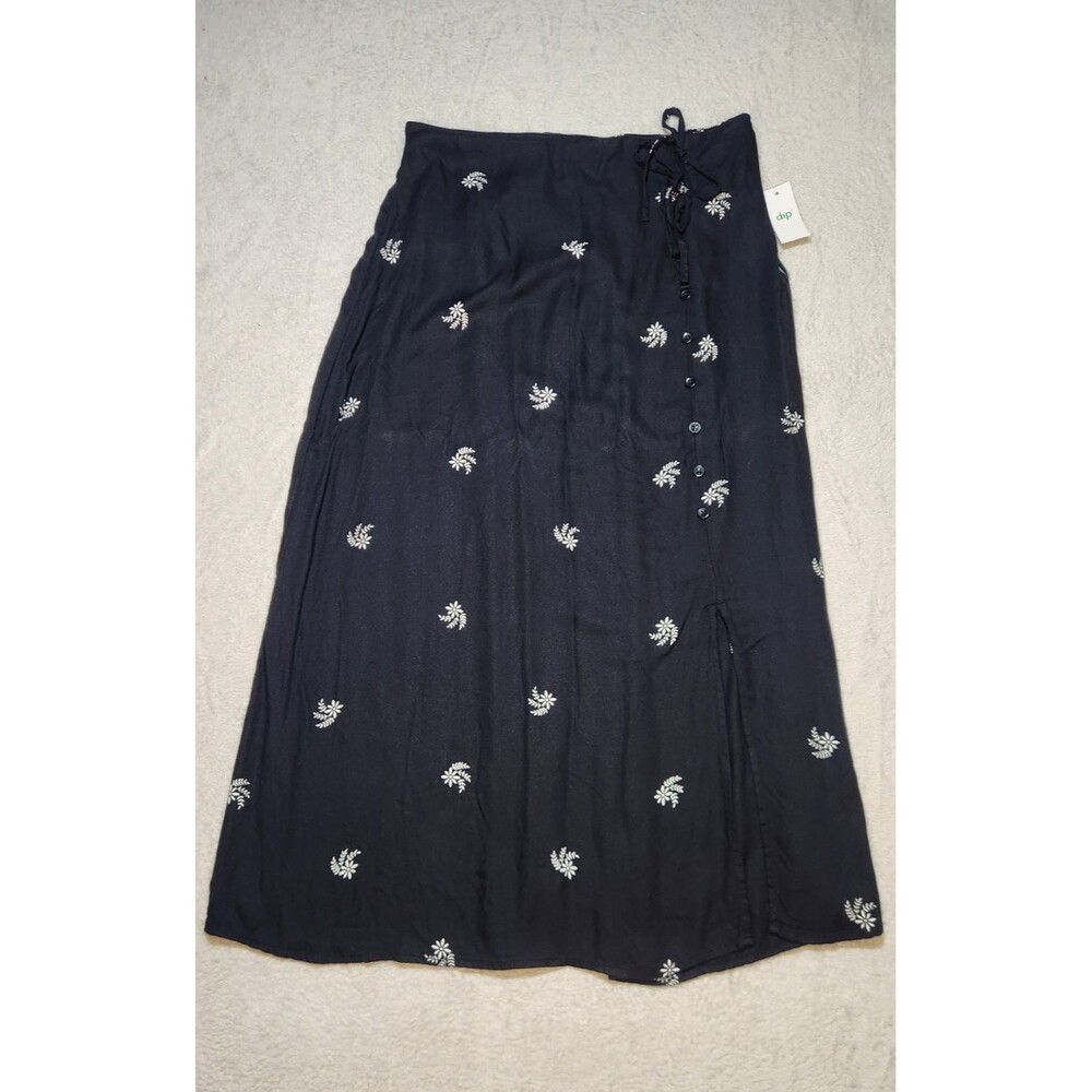 dip Women's M Floral Midi Skirt Mock Button-Front Side Slit A-Line Elastic Back